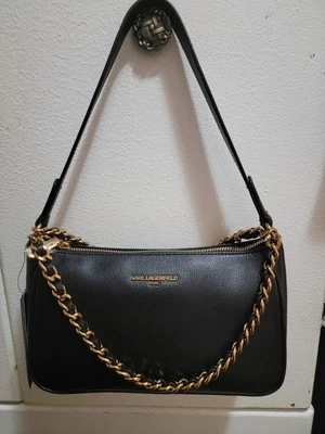 Karl Lagerfeld Paris Black Leather Shoulder Bag Gold Chain Strap Purse