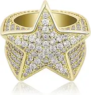[TUSRORSU] Bling Punky Rapper Luxury Fashion Star Rings for Men 14K Gold Plated Shiny Big Iced out Hip Hop Cubic Zirconia Men Engagement Rings
