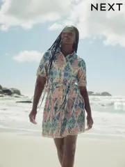 Pink and Teal Blue Vintage Floral Print Mini Broderie Short Sleeve Tie Waist 100% Cotton Shirt Dress (AA8248) | $105