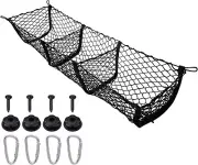 3 Pocket Cargo Net Trunk Bed Organizer, Black Mesh Storage Net with 4 Metal Hook