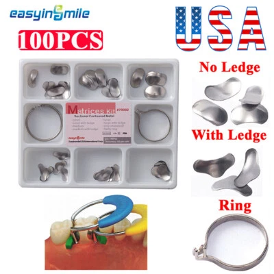 100Pcs Dental Metal Sectional Contoured Matrices Matrix Bands& 2Rings Delta 50μm