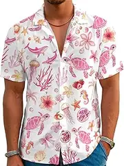 [BJU] Mens Hawaiian Shirt Summer Beach Tropical Vacation Print Aloha Shirt Casual Short Sleeve Button Down Shirt