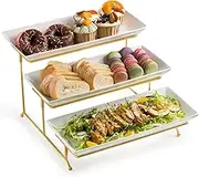 LYEOBOH 3 Tier Serving Stand and Platters Set Large Tiered Serving Platters with Collapsible Sturdier Rack 14 Inches Tiered Serving Tray for Appetizer Fruit, Dessert and Cupcake, White