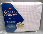 Vtg CANNON CLASSIC USA Percale TWIN FITTED SHEET Sure Fit GREENWICH PINK & WHITE