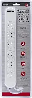 Power 6 Outlet Powerboard Surge Protection and Dual USB Charger Board