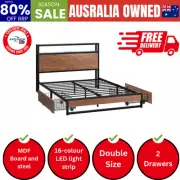 Metal Bed Frame Double LED Storage Headboard USB Charging & 2 Drawers