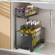 Under Sink Cabinet Organizer, 2 Tier Metal Pull Out for Kitchen Storage – Slide Out Shelves for Bathroom, Pantry, Closet Organization, Spice Rack, Multi-use Organization