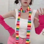Women Girl Rainbow Striped Scarf Neck Tie Neckerchief Long Thin Accessorial