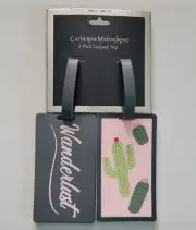 NWT Catherine Malandrino 2-Pack Luggage Tags | Pink Gray Cactus WANDERLUST