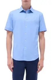 Bugatchi Myron OoohCotton® Short Sleeve Herringbone Button-Up Shirt in Air Blue at Nordstrom, Size Xx-Large