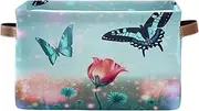 Butterflies Flowers Field Teal Fabric Organizer Bins with Handle, Collapsible Nursery Storage, Set of 2