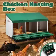 3 Hole Chicken Nesting Box Hen Chook Roll Away Laying Nest Boxes Brooder Coop Poultry Egg Roost Perch Galvanised Steel Plastic with Vents Lid