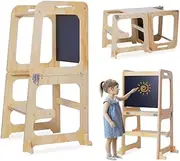 Forubar Kids Toddler Kitchen Step Stool with Blackboard, 4-in-1 Foldable Kitchen Tower for Learning, Baby Montessori Kitchen Helper with Safety Rail for Kitchen Counter Bathroom Sink (Wood)