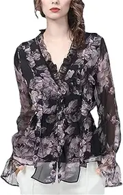 [Generic] Women Spring Summer Chiffon Blouse Long Sleeve V-Neck Elastic Thin Waist Ruffles Casual Shirts