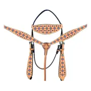 96BH HILASON Western Horse Leather Headstall & Breast Collar Tack Set Aztec