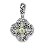 Silver/14K Two-Tone Sterling Silver Rhod. W/14K Gold Accent Qrtz & Cz Filigree Clover Pendant
