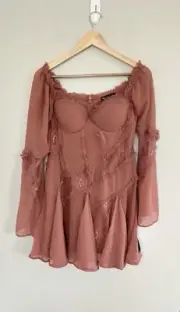 ASOS Dress Long Sleeve Corset Patchwork Lace Chiffon Coquette Lace Pink Sz 10