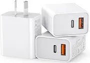 [3 Pack] 20W USB C Fast Charger, 2-Port PD USB C and USB A QC3.0 Fast Charging Wall Charger Plug, USB C Adapter AU-Plug for iPad iPhone 16 15 14 13 12 Pro Max Samsung Galaxy, Google Pixel, Motorola