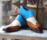 Bespoke Handmade Men's Multicolor Leather Double Monk Strap Formal Wear Shoe Men