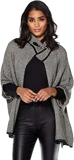 [stylesilove] Women Sweater Knit Cape with Buckle Fashion Jacket Shawl Poncho (Black+White)