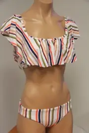 NWT Splendid Swim Swimsuit Bikini 2pc set Sz M NVY Line Up Retro Off Shoulder