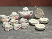 Dollhouse Miniature Tea Set White Rose 17 pc Teapot Plates 1:12 inch scale B492
