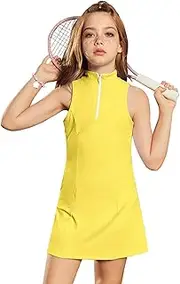 [Perfashion] Girls Tennis Dress 1/4 Zip Golf Outfit Built-in Bra & Shorts Athletic Dress Workout and Pockets 4-13Y