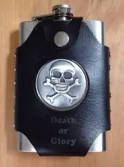 8oz Flask Laser Engraved - Skull And Crossbones & Faux Leather Belt Loop Wrap