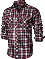 [ZEROYAA] Men's Casual Regular Fit Button Up Flannel Checked Plaid Shirts with Pockets