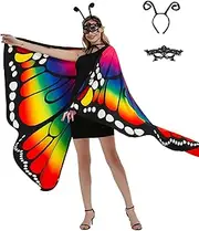 SunnyLisa Halloween/Party Butterfly Wings Shawl Costumes, Double-Sided Printing Fabric, Cosplay Fairy Cape Women Costumes, Rainbow, Adult