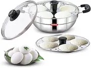 PANCA Idli Cooker 2 Plates With Glass Lid, Idli Maker, Stainless Steel Multipurpose Kadai For Cooking And Serving, 10 Idli Maker, Premium Idli Pot With Glass Lid (Set of 1)