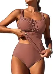 ZAFUL Women's Tankini Swimsuits Tummy Control High Waisted Bikini Sets Lace Up Front Bathing Suits with Bikini Bottoms