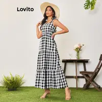 在飛比找蝦皮商城優惠-Lovito 女式波西米亞格紋繫帶洋裝 LBA05057 (