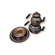 Copper Teapot Set, Turkish Double Tea Kettle Enamel Embroider And Upper Plate