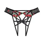 NWT Victoria's Secret Crotchless Cherry Embroidery Open-Back Panty Sz L - Black
