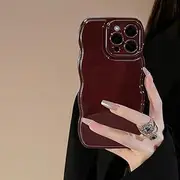ELEPIK for iPhone 13 Case, Glossy Finish with Curly Wave Edges, [Non-Slip Grip] [Slim & Lightweight] Durable TPU, Aesthetic & Elegant Cover for Girls Women, Wine Red