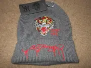 Ed Hardy Tiger Embroidered Knit Black Beanie Hat One Size NWT Gray