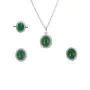 925 Silver Jewelry-Green Jade Earring Pendant Ring Jewelry Set