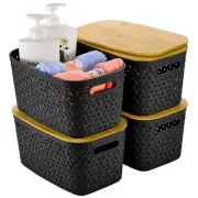 Anysig Modern Black Plastic Storage Bins with Bamboo Lids Set of 4 - Stackabl...