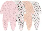 [MAMIMAKA] Newborn Baby One-Piece Footies Romper 2-Way Zip Cotton Bodysuit Long-Sleeve Jumsuit 4-Pack, 0-12 Months