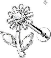 [Jewseen] Flower Helix Earring 316L Stainless Steel Flat Back Earring Internally Threaded Cartilage Earring CZ Labret Piercing Jewellery, 16G 8MM, Stainless Steel