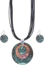 Patina Rustic Multi Metal Disc Pendant and Multi Cord Necklace and Earrings Set