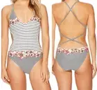 VINCE CAMUTO Women's Blossom Stripes Plunge Cross-Back Swimsuit 10 Black White