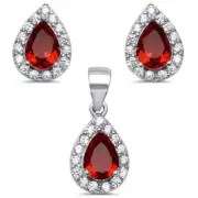 Halo Pear Shape Ruby & Cz .925 Sterling Silver Earring & Pendant Set