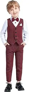 [Angelwilla] Boy Formal Suit Set, Boys Slim Fit Tuxedo Suit with Kid Dress Shirt, Vest Pant Set and Red Bow Tie