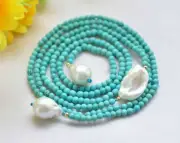 4mm Blue Turquoise & 3 Pcs 14-16MM White Keshi Baroque Pearl Long Necklace 40''