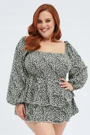 Multi Geo Frill Playsuit Puff Sleeve Shirred Bodice