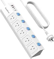 Yundian Power Strip with Individual Switches, 5 AC Outlets, 2 USB A and 2 USB C Surge Protector 2m Extension Cord, 2400W/10A, 170 Joules, USB Power Board Switch for Home and Office Use (White)