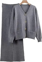 [UIOKLMJH] Autumn Single Breasted V Neck Cardigan and Wide Leg Long Pants 2 Piece Sets Women Two Piece Knitted Tracksuits