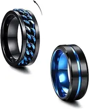 [FASHGOOD] 2Pcs Mens Rings Stainless Steel Fidget Rings for Men Black Anxiety Rings Cool Chain Band Spinner Rings Set Black Wedding Promise Ring Men's Rings 7-11